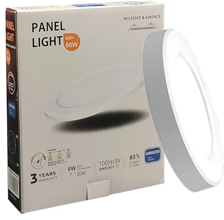 FactorLED Plafón Led Techo Circular Blanco, 6W (60W), 600Lm, Lámpara Empotrable Ajustable, Opción Superficie y Downlight, Luz Blanca seleccionable 3000K 4000K y 6000K, Ø126x18mm (6, Vatios)