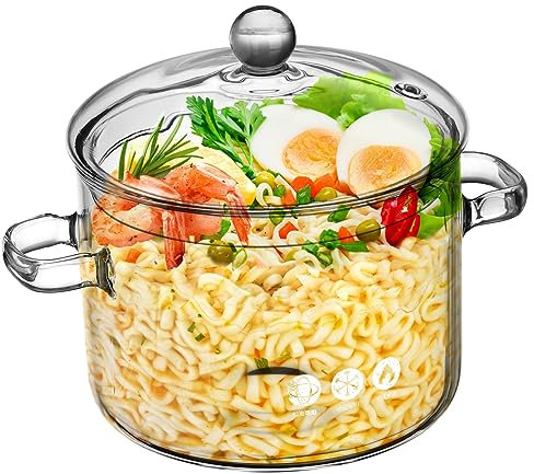 OKUMEYR Glass Soup Pot Lid 1900ml Borosilicate Glass Cooking Pot Double Handle Heat-Resistant for Home Kitchen