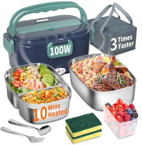 Sooec Contenitore pranzo elettrico 100W, 3in1, 1,5l, riscaldato portatile, acciaio inox, 12V/24V/220V, auto/camion/ufficio, tasca isolata