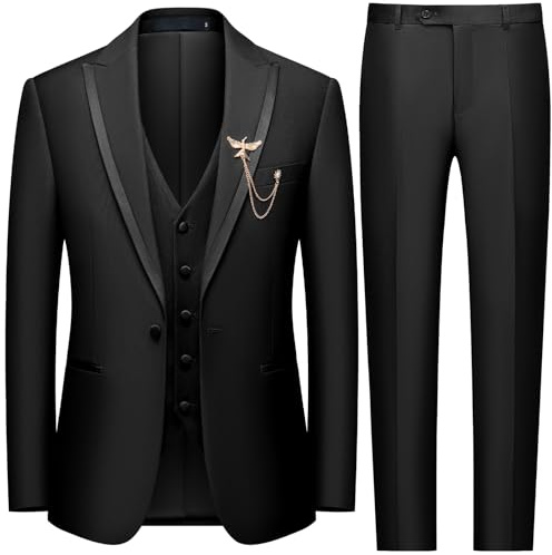 WEEN CHARM Men's 3 Piece Suit One Button Blazer Jacket Vest Pants Set Slim Fit Formal Wedding Business Suit Tuxedo Suit Black