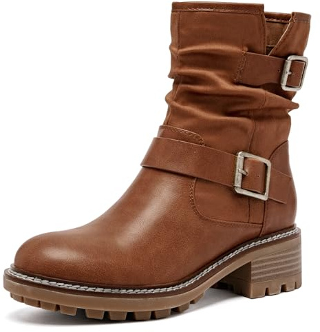 Ruiee Damen Stiefeletten Slouchy Flat Ladies Booties Low Chunky Heeled Riding Combat Boot Bequeme Casual Round Toe Kurze Stiefel für Frauen, Tan Mf 963, 40.5 EU