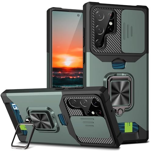 YLFFFZXK Case for Samsung Galaxy S25 Ultra/S25 Plus/S25, Sliding Lens Protective Phone Cover Card Slot Resisting Scratches Shell Magnetic Stand Anti-Fall Cover(Green,S25 Plus)