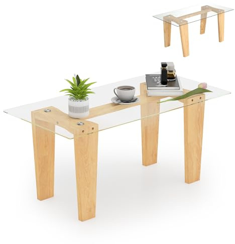 LIFEZEAL Mesa de Centro de Cristal Templado con Patas de Madera Maciza | Mesa de Café Moderna para Salón, Esquinas Redondeadas, Soporta hasta 40 kg, 100 x 50 x 41 cm