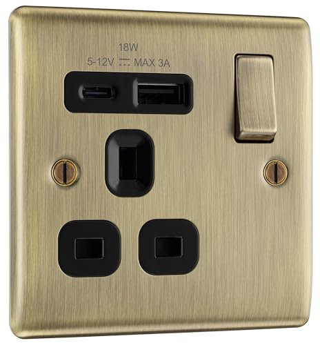 BG Electrical 18W Single Switched Power Plug Wall Socket with Type A USB and Type C USB Charging Ports, Fast Charge, Raised and Slim Profile, Round Edges, Nexus Metal, Antique Brass, 13A, NAB21UAC18B