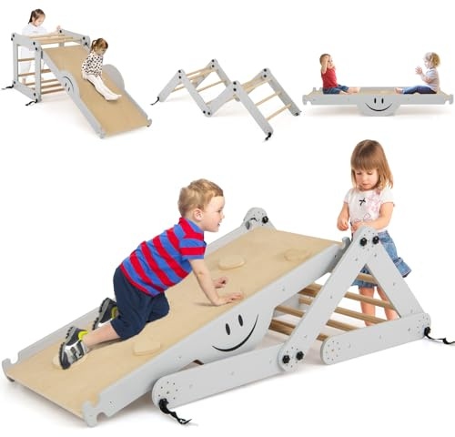 HOMASIS 5-in-1 Kletterdreieck Indoor, Klettergerüst mit Rampe Rutsche Leiter Wippe, verstellbar Baby Kinder Klettern Holz, multifunktional Spielplatz, Kletterbogen ab 3 Jahren (Modell 1, Grau)