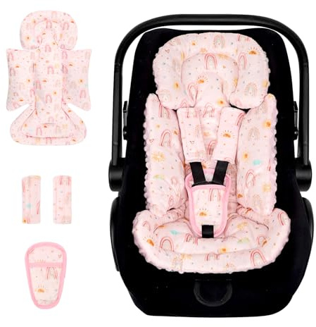 CARUILI Infant Car Seat Insert and Strap Covers, Very Soft Car Seat Head Support Baby Girl Boy, Reversible Newborn Carseat Insert Cushion Fits for Stroller, Baby Swing, Bouncer (Pink Rainbow)