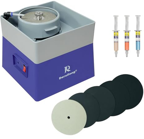 Deruilong 4 Flat Lap Grinder, Polishing Kit, 9V DC | Auto water feed w/ positionable outlet. 9V DC safe power. Compact 3lb kit for sea glass, rocks & jewelry making.