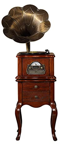 SGKOMN Platine Vinyle rétro Tout-en-Un, phonographe Vintage, Gramophone nostalgique avec pavillon en cuivre, Haut-Parleur intégré, entrée auxiliaire, Radio et enregistreur