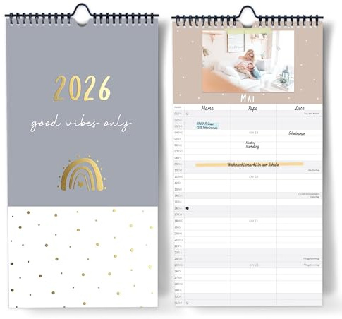 XL Familienkalender 2026 selbst gestalten I [Blattgold] I 3 Spalten I Fotokalender 22 x 43 cm I DIY Bastelkalender für Fotos zum Selbergestalten