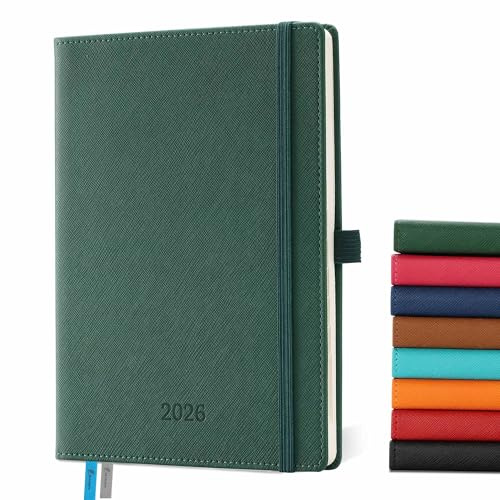 IN-LUXPRO Kalender 2026: A5 Buchkalender 21,9x16,4cm Terminplaner 1 Woche 2 Seiten 2026 Wochenplaner Notizbuch,12-Monate(Jan.- Dez.) mit 100GSM Papier & Stiftschlaufe PU-Leder Grün