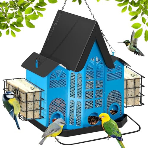 MIAOKE Metal Bird Feeder for Outdoors Hanging, Medieval Themed Metal Bird Feeder, Squirrel Proof Design, Large Capacity, Perching Wires, 2 Iron Baskets Attract Cardinals, Chickadees