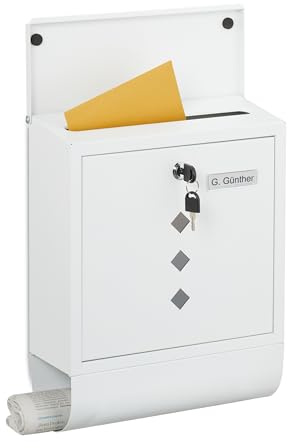 Relaxdays Boite aux Lettres, métal, 4 clés, Porte-journaux, Design Sobre, H x L x P : 38 x 31 x 14 cm, Blanche
