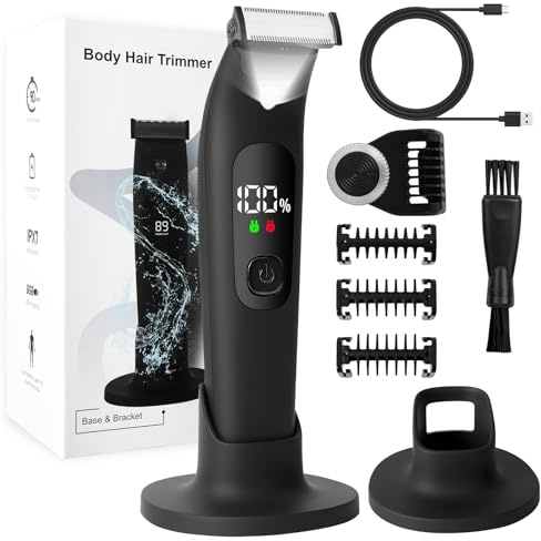 Tondeuse Intime Homme, Tondeuse Corps Homme IPX7 Étanche, Rasoir électrique avec LED, Guides de Coupe et Support, Rasoir Corps Visage Humide/Sec pour Barbe, Parties Intimes, Jambes, Poitrine