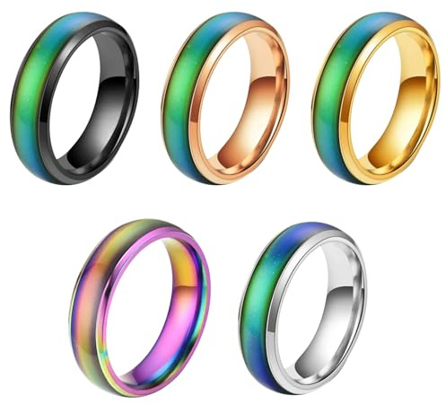 5PCS Rotatable Mood Control Rings, Stainless Steel Color Changing Ring, 1.6 cm 1.7 cm 1.8 cm Fashion Colorful Mood Rings for Kids Boys Women Daily Party Birthday Valentine's Day Anniversary (5)