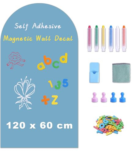 WIBOSOGA Magnetische selbstklebende Tafelfolie mit Zubehör, 120x60 cm, Blau | Abwischbare Magnettafel für Schule & Büro, inkl. Kreide, Magnete & Mikrofasertuch –selbstklebende schwarze Wandtafel