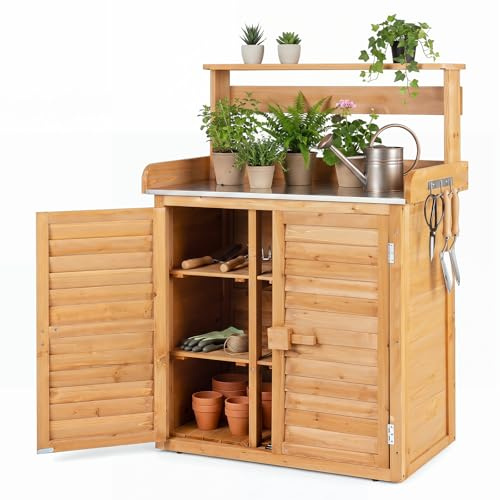 COSTWAY Pflanztisch Holz, wetterfester Gärtnertisch mit Unterschrank | Edelstahl Arbeitsplatte, oberes Regal & 3 Seitenhaken, Geräteschrank für Garten, Balkon & Terrasse, 87 x 45 x 120 cm (Gelb)