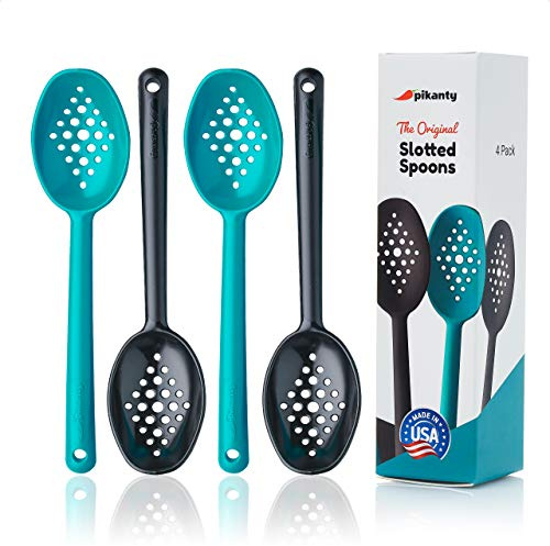 Olive and Pickle Spoon Set of 4, 7-Inch Small Slotted Serving Utensils for Jars, Teal and Black, Perfect for Olives, Pickles, Capers, Pepperoncini, Cherries, Dishwasher Safe, Made in USA by Pikanty