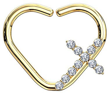Piercingfaktor Continuous Ring Ohr-Piercing Herz mit Zirkonia Kreuz Glitzer Kristall Fake Hoop Clip On Septum Tragus Helix Nase Lippe Nasenring Nasenpiercing Links Gold