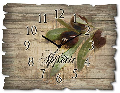 ARTLAND Wanddeko Wanduhr ohne Tickgeräusche aus Holz Quarzuhr 40x30 cm Rechteckig Lautlos Guten Appetit Essen Olive Food Ländlich H6ZI