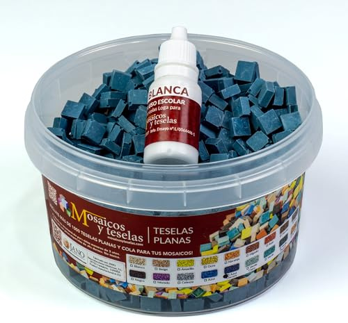 Secchio 1000 tessere blu scuro per mosaico piatto 7,5 x 7,5 x 3 mm + colla bianca per uso scolastico
