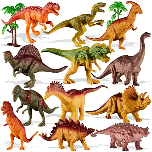 TOEY PLAY 12PCS Gros Figurine Dinosaure Enfant 3 4 5 Ans, Dinosaure Jouets Realiste, Dinosaures Figurines avec Arbres, Tyrannosaure Rex, Triceratops, Jeux Éducatifs Cadeaux pour Garçons Filles