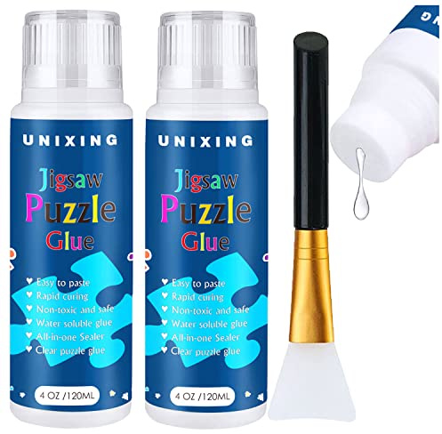 Water-Soluble Clear Jigsaw Puzzle Glue with Sponge Head, Puzzle Saver Craft Glue Suitable for 3000/3500/5000 Pieces of Puzzle for Paper and Wood(2 Bottle X 120ML)