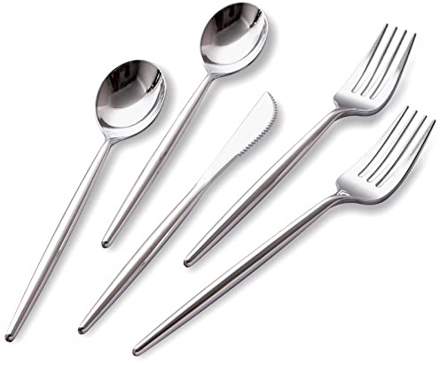 SUT 150Pcs Silver Plastic Silverware, Silver Disposable Cutlery, Heavy Duty Disposable Silverware, Plastic Utensils Include 50 Plastic Forks, 50 Plastic Spoons, 50 Plastic Knives