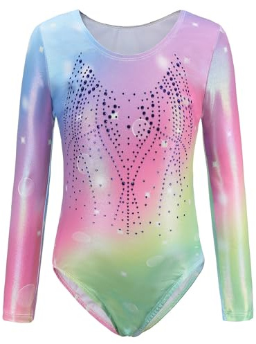 SEAUR - Maillot de gimnasia para niña, sin mangas, para niños, danza, ballet, yoga, vestido clásico, maillot de gimnasia para niños pequeños de 4 a 13 años, arco iris colorido (manga larga), 7-8 Años