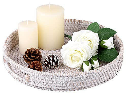 IGNPION Vassoio da portata in rattan, 30 cm, vassoio decorativo da tavolo, con manico, organizer per stoviglie, trucco, vanità, gioielli, candele, ornamenti bianchi