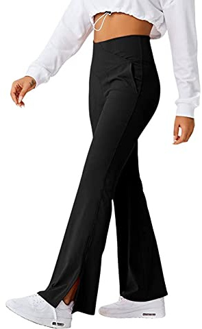 TTPSRY yogabyxor, dam, långa, utsvängda byxor med fickor, hög midja, sportbyxor, fitness, sportkläder, byxor, jazzbyxor, bootcut, fritidsbyxor, svart, M