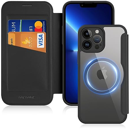 DUX DUCIS Hülle für iPhone 13 Pro Max 6,7 Handyhülle Kompatibel mit MagSafe, Transparente Anti-Kratzer Leder Flip Klapphülle mit RFID-Sperre Schutzhülle Case für iPhone 13 Pro Max (6,7 Zoll, Schwarz)