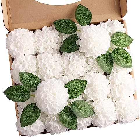 N&T NIETING Lot de 20 Blanc Fleurs Artificielles de Dahlia avec Feuilles | Fleurs Artificielles en Mousse pour Mariage, Bouquets, Centres de Table, Arrangements, Tables de Fête, Décoration