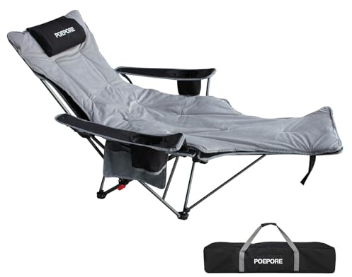 POEPORE Reclining Camping Chair with Removable Footrest Lounge Chair with Headrest, Cotton Cushion, Portable Adjustable Folding Chairs for Adults Black