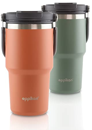 eppikan eppiDuo Edelstahl Thermobecher mit Strohhalm, zwei Trinköffnungen für warme und kalte Getränke – Thermosflasche mit klappbarem Tragegriff für unterwegs (Terracotta, 600 ml)