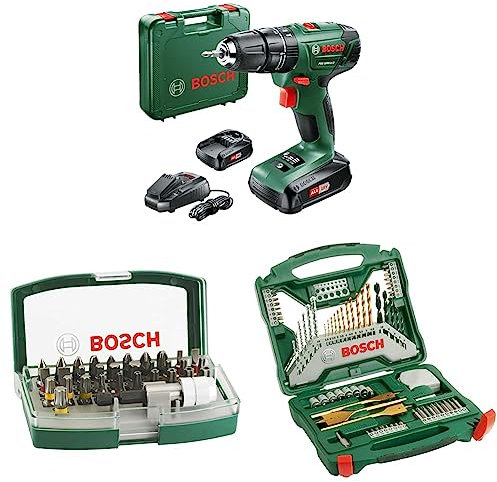 Bosch Home and Garden Cordless Combi Drill PSB 1800 LI-2 & Bosch 32pc. Screwdriver Bit Set & Bosch 70-Pieces X-Line Titanium Drill and Screwdriver Bit Set
