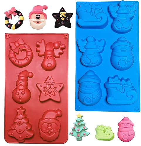 Weihnachten Silikon Formen, Weihnachten Seifenform, Weihnachts-Fondant-Formen, Silikon-Förmchen, mit Form von Schneemann, Rentier, Schlitten, Weihnachtsmann, für Backen, 2 Stück, Blau, Rot