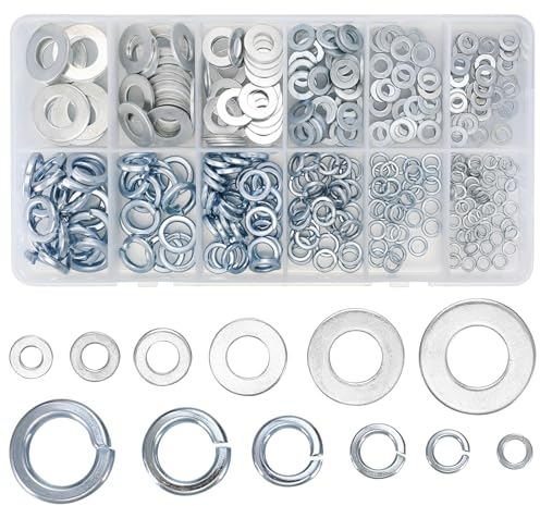 336 Pcs Flat Washers and Spring Lock Washer Assortment Kit, Include 168 Pcs Spring Split Lock Washers, 168 Pcs Flat Penny Washers for Screws & Bolts, Carbon Steel, M4 M5 M6 M8 M10 M12