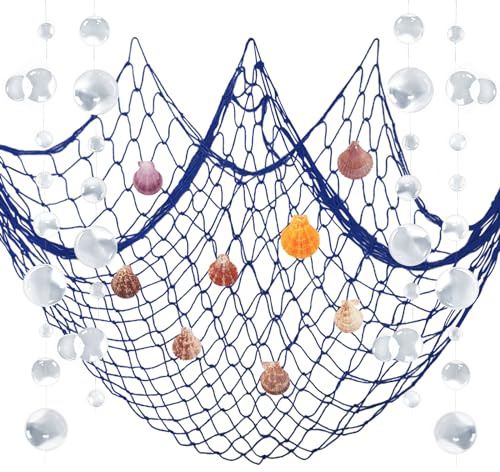 ZERODECO Nautical Decor, Natural Fish Net Party Decorations for Pirate Party, Wedding, Birthday Party, Beach Theme Party, Mermaid Decor, Cotton Fishnet with Shells, White Bubble Garlands, Navy Blue