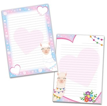 2 Motiv Schreibblöcke A4 Briefpapier liniert für Mädchen Kinder Schule Lama rosa Herz (1 Block bunt und 1 Block zum Ausmalen A4 mit je 25 Blättern)