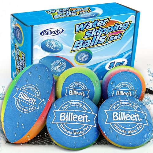 Billeeit Water Skipping Balls Set for Pool Play, Include 1 Rugby, 2 Balls and 2 Discs, Rainbow Color Splash Water Bouncing Fun Beach Toys & Games for Kids 3+ 4-8-12 and Adults