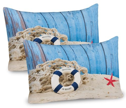 ABAKUHAUS Boje Kissenbezug Packung mit 2, Rettungsring mit Begrüßungsnachricht am Strand Küstenlinie Vintage Bild Druck, Dekorativer Standard Gedruckter Kissenbezug, 80 x 40 cm, Eischale Blau Rot