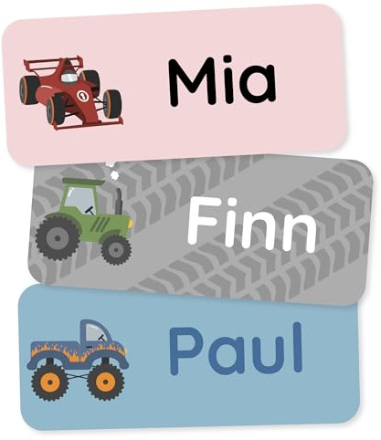 Klebekerlchen® Namensaufkleber für Kinder (60 Stück), Kleidung & Gegenstände Namensschilder personalisiert und waschmaschinenfest, Schule und Kindergarten - Motor