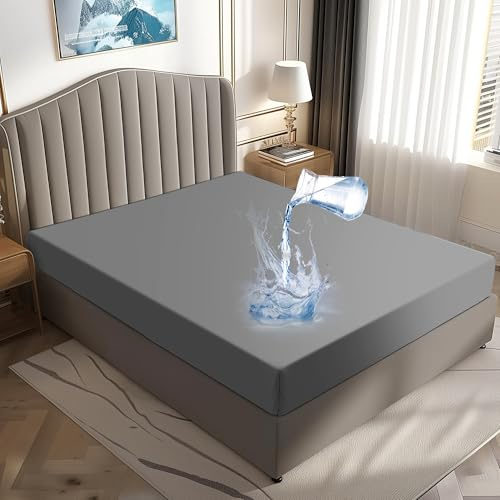DUNSOO Protector de colchón 200 x 200 cm impermeable y transpirable, funda de colchón lavable para incontinencia, funda de colchón higiénica antiácaros (Gris, 200 x 200 cm)