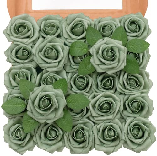 TINGE TIME Artificial Flowers 3 Rose, 25pcs Foam Fake Roses with Stem for DIY Wedding Decorations Bouquets Centerpieces Boutonniere Floral Arrangements Bridal Shower (Elf Green)