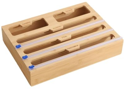 Bamboo Foil Dispenser with Cutter, 5-in-1 Foil Cutter, Aluminium Foil Dispenser and Freshness, Cling Film Cutter, Roll Holder, Kitchen Organization for Aluminum Foil, Wax Paper, Parchment Paper