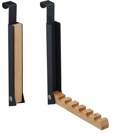 Relaxdays Türgarderobe klappbar 2x, zum Einhängen, Türhaken 6 Kleiderbügel, Metall & Holz, für 2 cm Türfalz, schwarz | Türhaken 6 Kleiderbügel, Metall & Holz, für 2 cm Türfalz