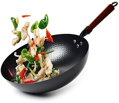 Olla para cocinar, sartén, sartén para saltear, con Mango Wok Acero al Carbono Madera Desmontable, Fondo Redondo, woks Chinos para Estufas Gas inducción eléctrica, Aptos para Horno