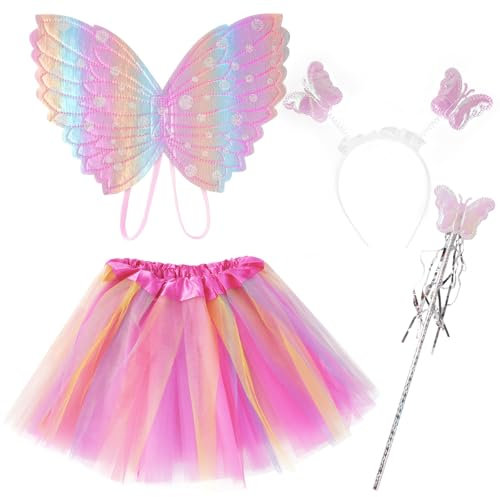 AUYAO 4st Kids Butterfly Wings Kostym Set, Fancy Dress Up Butterfly Wings Cape Kids, Princess Fairy Costume Fairy Butterfly Wings Set med Tutu kjol, Girls Butterfly Dress up för Halloween