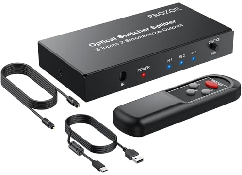 PROZOR 3-i-2-utoptisk splitter – 3-port SPDIF Toslink-brytare med IR-fjärrkontroll aluminiumlegering material stöder LPCM2.0/DTS/Dolby-AC3 med 1 m/3,2 fot optisk kabel för Blue-Ray DVD HDTV