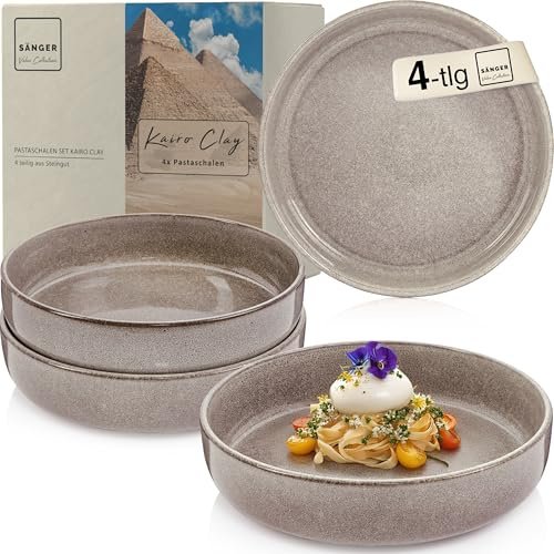 Sänger Kairo Clay | Pastaschalen 4 teilig, 4x Nudel Schalen aus Steingut, Schüssel Set spülmaschinenfest mikrowellenfest kratzfest, große Schüssel multifunktional Grau 800 ml | VALUE COLLECTION